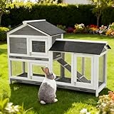 63 in Bunny Hutch Indoor Bunny Cage, with 3 Leak-Proof Removable Trays, Wooden Waterproof Roof Rabbit Hutch Indoor/Outdoor, 2-Tier Bunny House/Chicken Coop, Gray and Black