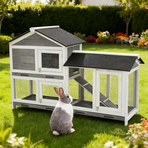 Garvee 63 in Bunny Hutch Indoor Bunny Cage with 3 Leak-Proof Removable Trays Wooden Waterproof Roof Rabbit Hutch Indoor/Outdoor 2-Tier Bunny House/Chicken Coop Gray and Black