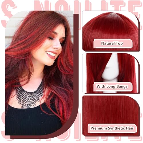 Image of S-noilite 32inch Long Straight Wine Red Hair Wig Heat Resistant Cosplay Anime Costume Red Wigs Halloweem Party Dark Red Wig for Women Burgundy Red Wigs with Bangs