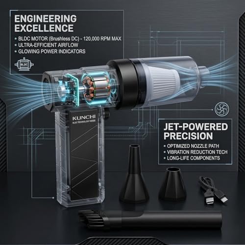 Image of KUNCHI 2-in-1 Cordless Portable Vacuum Cleaner & Air Blower | 8000mAh Rechargeable Battery | 150000 RPM Voilent Fan | High-Speed BLDC Motor | USB Type-C Charging|Car, Laptop, Sofa & Home Cleaning (X6)