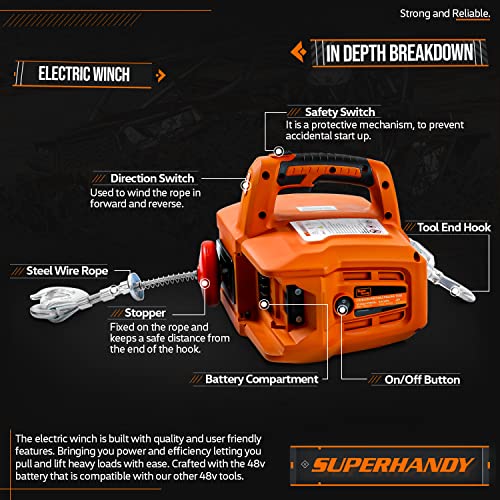 SuperHandy Electric Portable Winch Hoist Crane Lift Brushless Motor Li-Ion Battery Powered 1000Lbs/455Kgs Max Weight 20' Feet/6m Steel Braided Cable w/Locking Knob for ATV Truck Boat Trailer - Image 2
