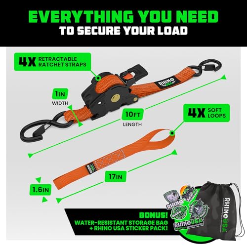 Image of Rhino USA Retractable Ratchet Straps (4-Pack) - 1 Inch x 10 Feet (1,209lb Break Strength) - Auto Self Retracting Tie Down Straps for Truck, Cargo Trailer, Motorcycle, ATV, UTV - Orange