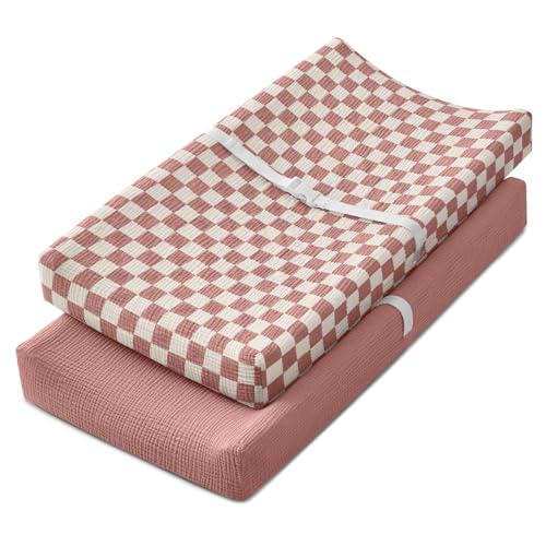Image of Blissful Diary Muslin Changing Pad Cover for Baby Girls, Ultra Soft Breathable Cotton, Baby Diaper Change Table Pad Covers, 2Pack (Checkered Pink & Dusty Pink)