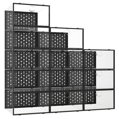 Pinkpum Schuhboxen Stapelbar Transparent, 12 Stück Faltbar Hartplastik Schuhkarton mit Deckel mit...