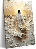 Jesus Walking On Water Wall Art Abstract Christian Poster Print Canvas Sacred God Inspirational Faith Painting Picture Modern Religious Cross Wall Decor for Living Room Bedroom Church Decor Framed