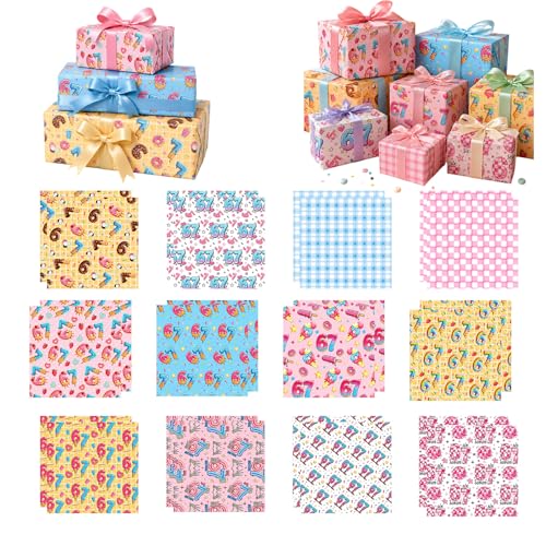 24 Sheets 67 Birthday Gift Wrapping Paper 6 7 Ice Cream Theme Background Paper 12 Designs Happy Birthday Wrapping Paper for Kids 6 7 Birthday Decorations 30x30cm