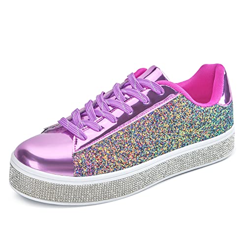 Image of UUBARIS Women's Glitter Tennis Sneakers Neon Dressy Sparkly Sneakers Rhinestone Bling Wedding Bridal Shoes Shiny Sequin Shoes