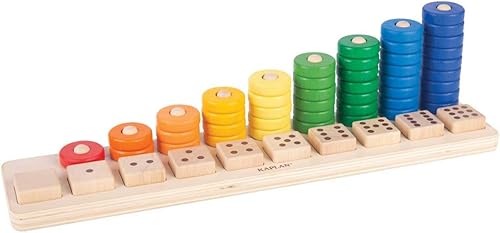 Miniatura 3 de Kaplan Early Learning - Tabla de madera natural para apilar y clasificar con discos de conteo coloridos y cuadrados de doble cara con números del 1