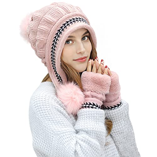 JFAN Damen Mütze Set Flauschige Wintermütze Frauen Gestrickt Beanie Plüsch Futter Russische Mütze Pompon Ohrenklappe Mit Handschuhen one Size Rosa