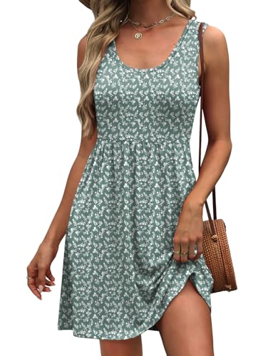 WIHOLL Women's Summer Dresses Ladies Dresses A-Line Casual Sleeveless Dress with Pockets Size 10-12 Green Floral