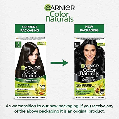 Image of Garnier, Hair Colouring Creme, Long-lasting Colour, Smoothness & Shine, Color Naturals, Shade: 1 Natural Black, 70ml + 60g (Pack of 2)