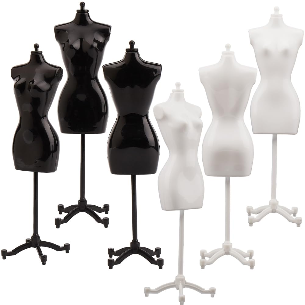 GORGECRAFT Estuche para Bebé Forma Abito de Tela Soporte para Display Plástico Soporte de Mesa Modelo Mini Maniquíes para Costura Vestidos Negro Blanco