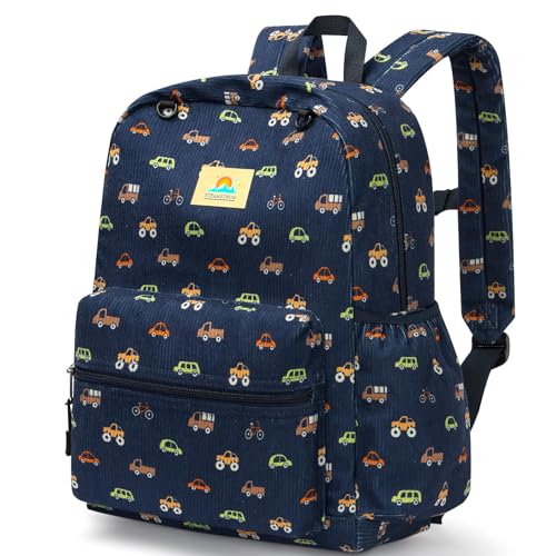 Image of STEAMEDBUN Corduroy Kids Backpack for Boys and Girls 5-8: Boys Backpack for Elementary Kindergarten - 15 inch Cute Backpacks for Kids - Car