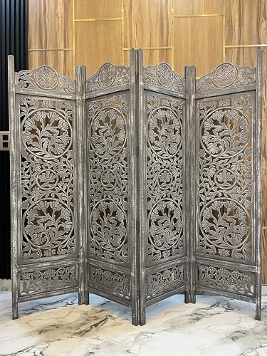 Image of Wooden Room Partition and Folding Privacy Screens Wooden Room Divider for Bedroom Home Office Room Divider Room Partition (6 Feet 4 Panel Antique Grey)