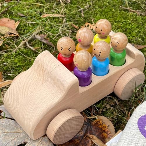 Image of My Felt Story Wooden Peg Doll Car | 6 Seat Passenger Play Vehicle Gift for Toddlers | Montessori Preschool Natural Wood Toy