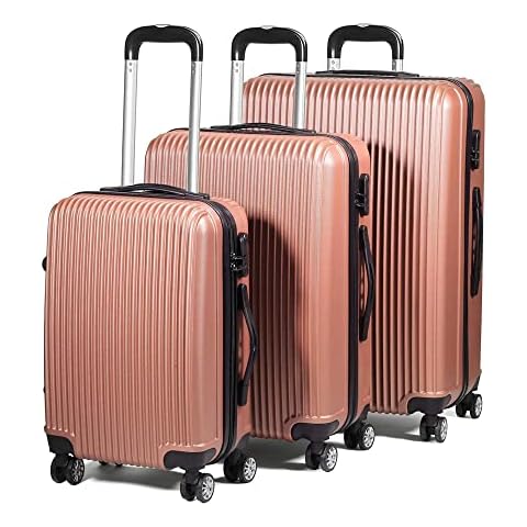 SA Products 3pc Hard Shell Suitcase Set - Lightweight Large Suitcase Set - ABS 3 Piece Luggage Set with Cabin & Hold Luggage - Premium Luggage Sets - 4 Wheel Suitcase Sets for Men Women - Rose Gold Cover