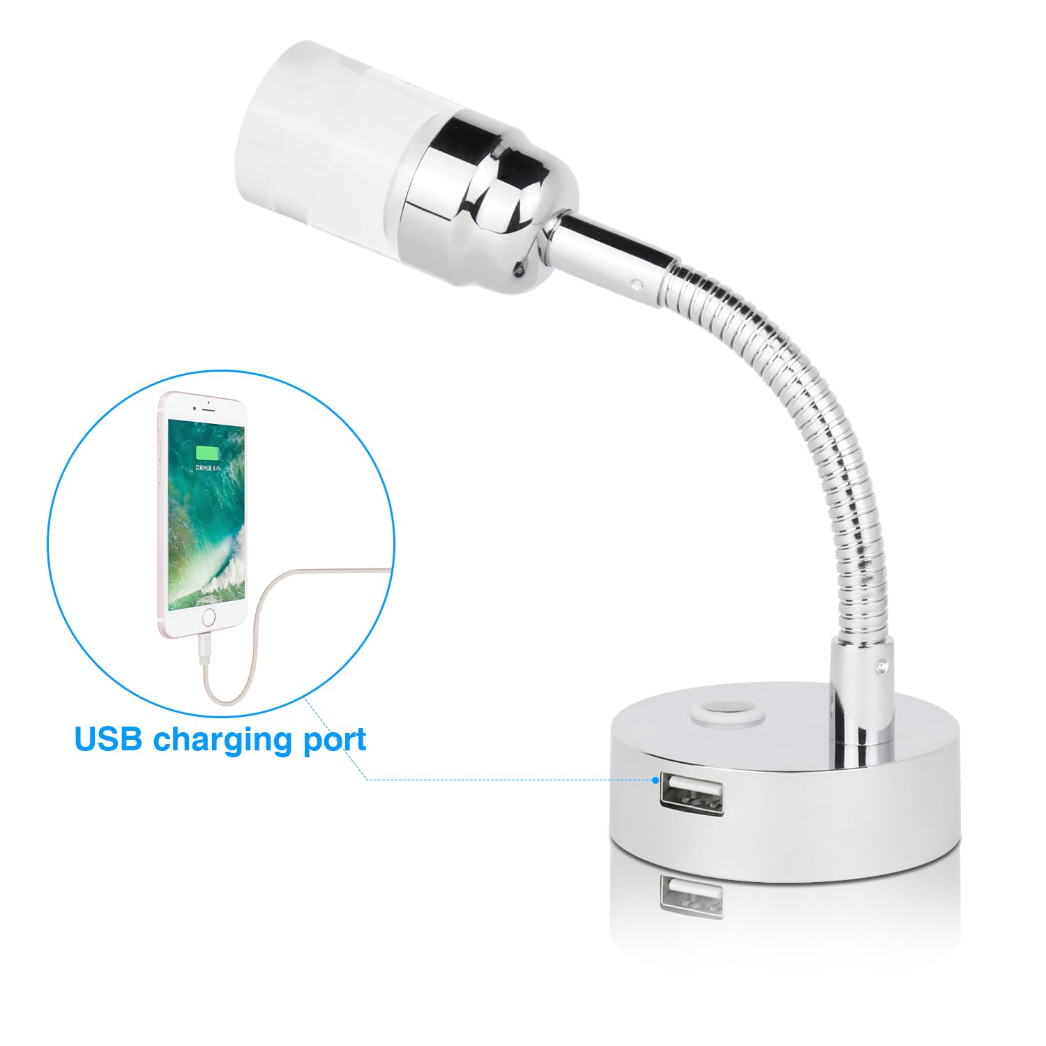 lighteu 12V/24V 2W Lampada da lettura a LED da parete a collo di cigno F3 Faretto con interruttore a pressione e porta USB Finitura cromata per barca, yacht, roulotte