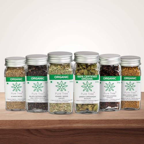 Image of Pure Tree Certified Organic Ajwain 60g, Fenugreek 100g, Black Pepper 65g, Clove & Fennel 50g, Cardamom 50g | Glass Jar | Spice Mix | Kali Mirch, Saunf, Methi Dana, Carom, Clove, Elaichi Combo Pack