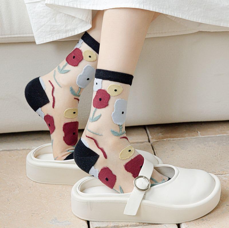 Image of 7 Pairs Women Floral Sheer Sock Elastic See Through Socks Summer Thin Mesh Lace Jacquard Socks Cottagecore Accessories