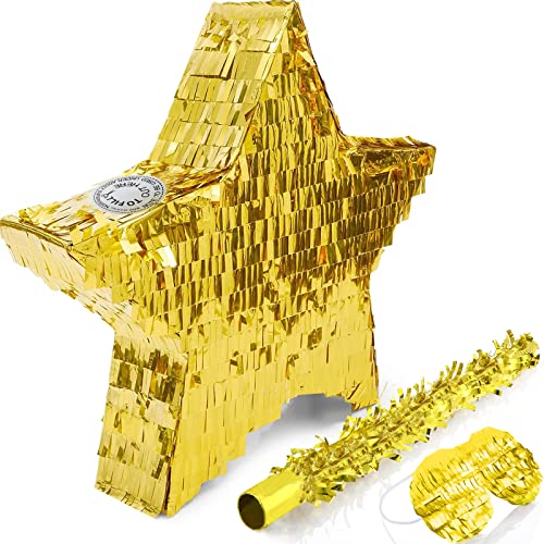 Containlol Gold Folie Stern Pinata Fiesta Pinatas für Geburtstag Party Holz Pinata Stick und Augenbinde Stern Themen Partyzubehör Gefälligkeiten für Kinder Baby Shower 13,8 x 13,8 x 3,2 Zoll Cover