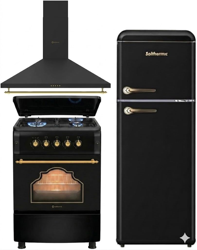 SOLTHERMIC PACK NEGRO RUSTICO ACABADOS DORADOS COCINA F6S40G2 GAS CON HORNO 4 FUEGOS + CAMPANA DECORATIVA 60 CM H60PR + FRIGO 2P RETRO a F2PR147N DE 1,47 cm alto x 55 ancho y 220L