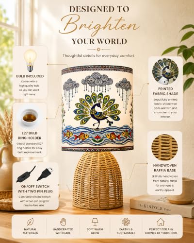 Image of Homesake Handwoven Rattan Table Lamp with Madhubani Art Printed Fabric Shade, Decorative Raffia Oval Bedside Lamp, Boho Cane Table Lamp with E27 Holder, Living Room & Bedroom Home Decor