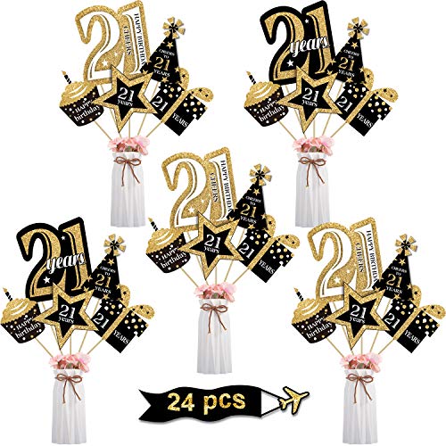Blulu Birthday Party Decoration Set Golden Birthday Party Centerpiece Sticks Glitter Table Toppers Party Supplies, 24 Pieces (21th Birthday)