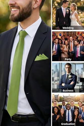 Image of HISDERN Mens Ties Solid Color Ties for Men Formal Necktie with Pocket Square Set Satin Silk Neck Tie Handkerchiefs Set