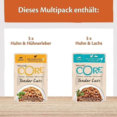 Wellness CORE Tender Cuts 6 x 85g, Hühnchen Selection Mix – Nassfutter für Katze, zarte Stücke in Sauce, getreidefrei, natürlich, hypoallergen, proteinreich, hoher Fleischanteil