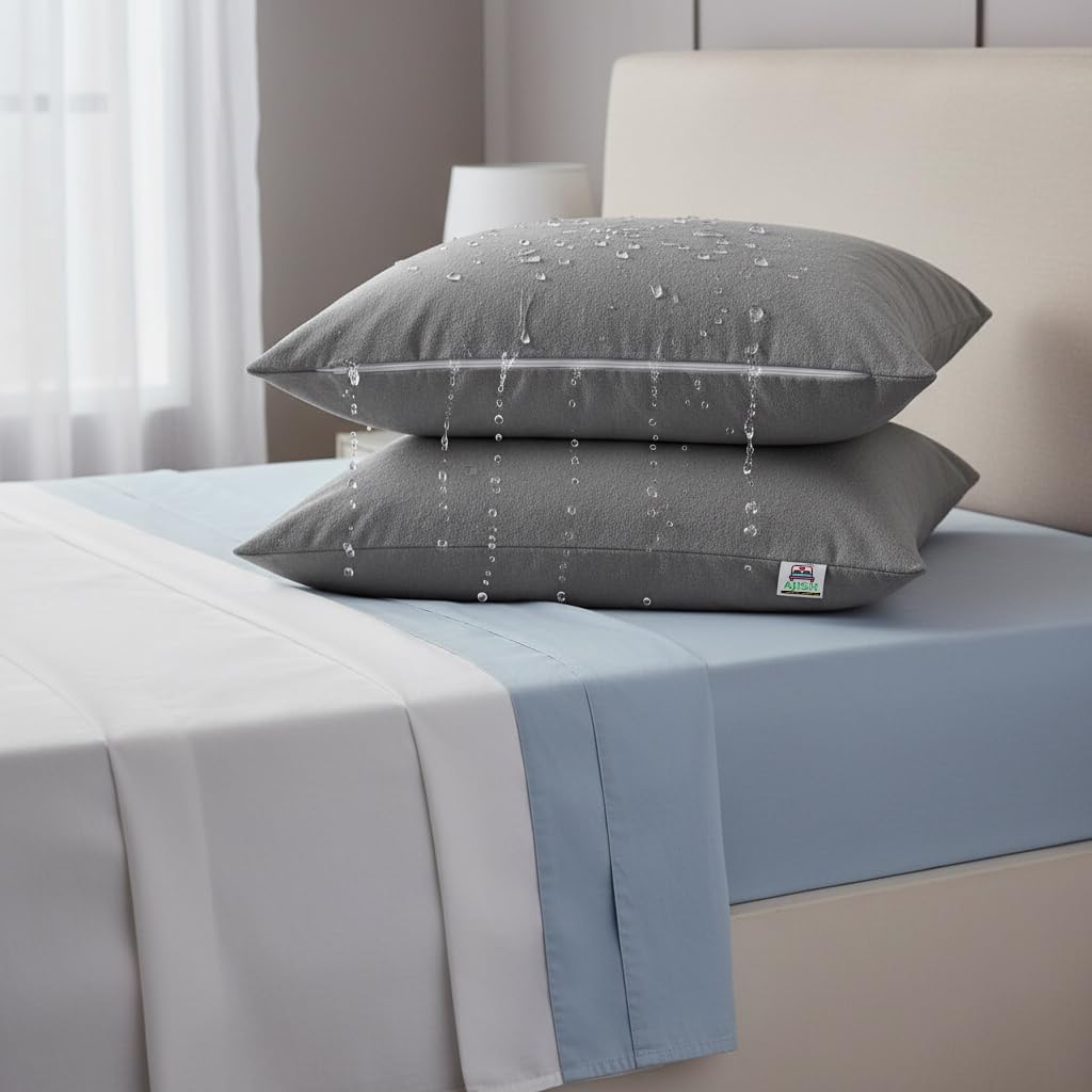 AJISH Ultra Soft Terry Waterproof Pillow Protector Cover with Zippered Closure | Dust Mite-Bed Bug Protection | Sweat, Oil and Water Spill Protection Covers (Standard: 17 x 27 inch-Grey)-Set of 2-image-8
