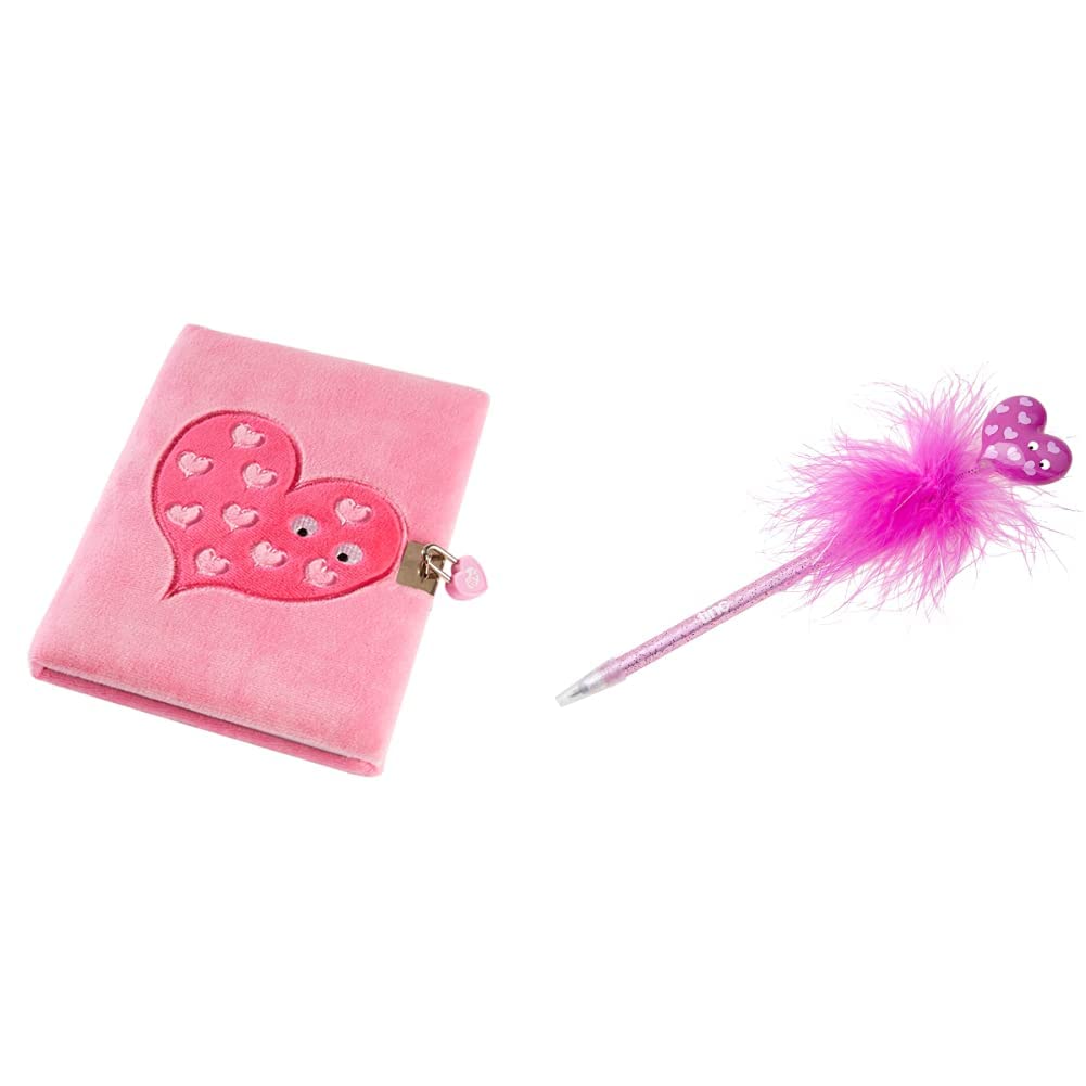 Tinc SGJOURPK A5 Snuggly Soft Touch Lockable Journal - Pink & Feather Pen | Cute and Fluffy Feather Pen with Heart Character Topper | Kids Ballpoint Pen | Pink FPENMAPK