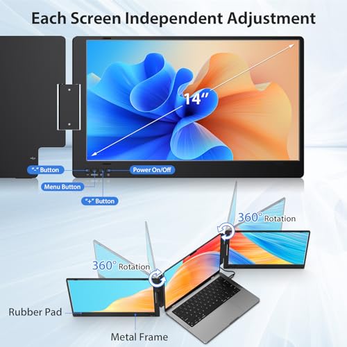 KYY 14'' FHD 1080P Portable Monitor for Laptops (Mac, Windows, Android) - USB-C Dual Screen Extender for 12-16 Devices