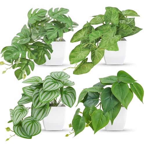 Der Rose Paquete de 4 plantas artificiales pequeñas para el hogar, dormitorio, sala de estar, baño, decoración de granja para interiores