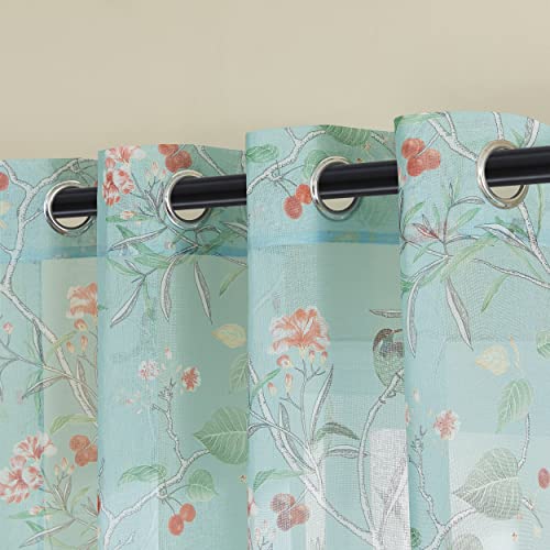 Image of XTMYI Turquoise Blue Eclectic Boho Sheer Curtains, Botanical Pattern Funky Global Artistic Bohemian Breezy Window Panel for Bedroom Living Room, 96 Inch Long 2 Panel Set
