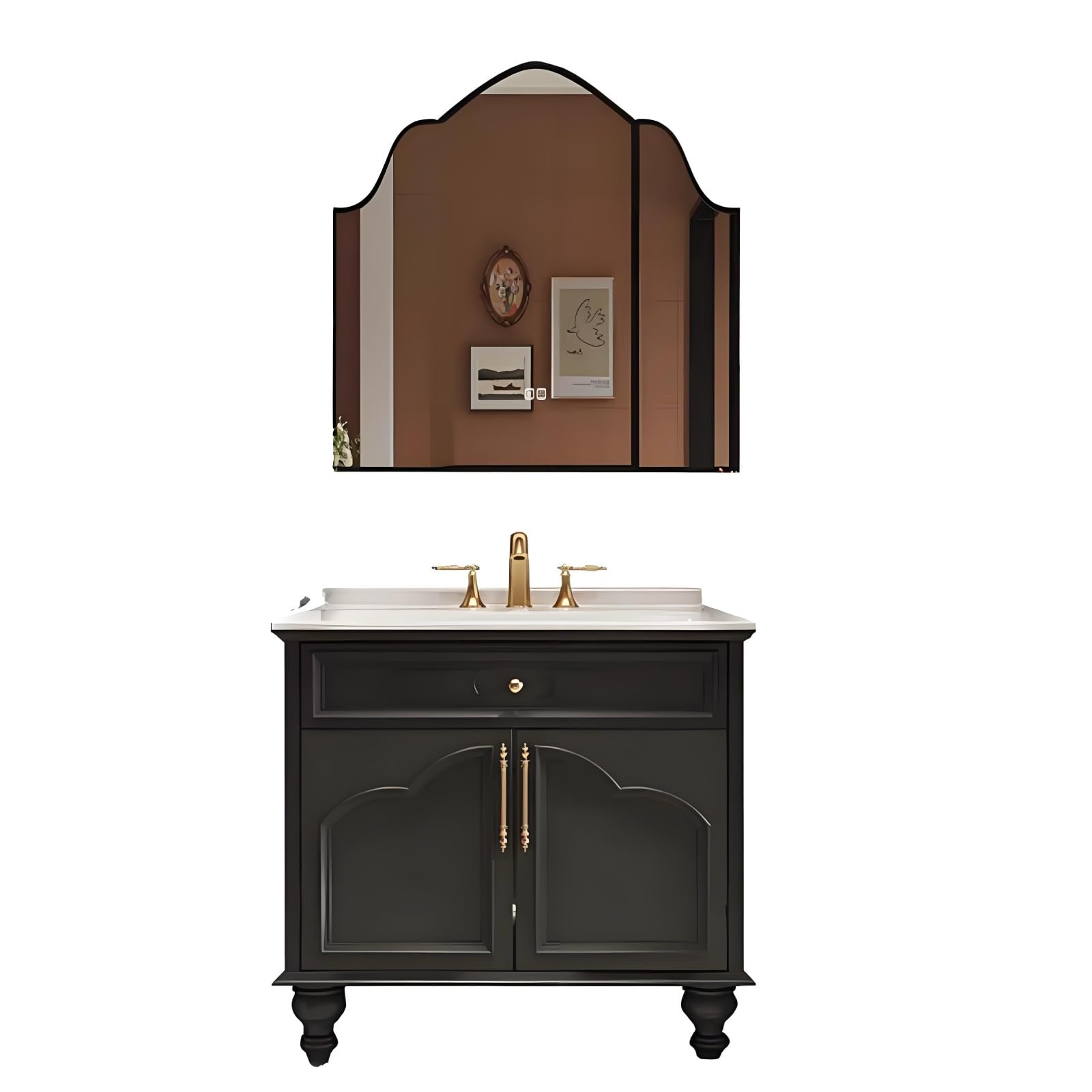 Genpai Luxury Floating Bathroom Vanities - LED Light & Defogging Function Mirror Cabinet | Large Bathroom Vanity has 6 Drawers, 2 Doors, Integrated