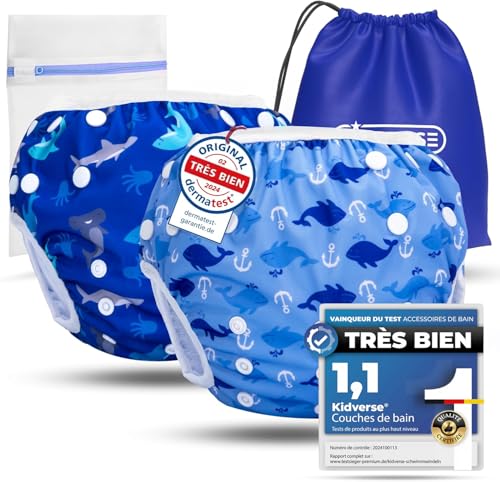 KIDVERSE 2x couche piscine bébé 0 à 3 ans - réglable, réutilisable & lavable avec pochette - pour fille & garçon - qualité certifiée - couche de bain...