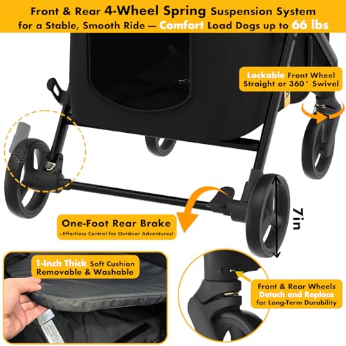 Image of PAWZIDEA Dog Stroller for Large Dogs Up to 80 lbs, No-Zip 180 Reversible Canopy, One-Hand Foldable Pet Stroller for 2 Medium Dogs, Heavy Duty & Low-Entry, All-Terrain Jogger Wheels, Storage Organizer