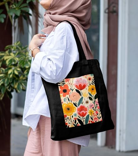 Image of ZORI Black Tote Bag With Pocket Printed Designed Canvas Tote Bags For Women large capacity,Tote bag For Shopping, College, Travel, More Canvas Handbag For Unisex Bag