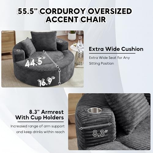 Image of Oversized Round Chair Lounge Chaise Indoor, 55.5 inch Upholstered Corduroy Deep Seat Single Cloud Sofa Chair with Cup Holder, Modern Large Circle Boneless Sleeper Sofa for Living Room, Dark Grey