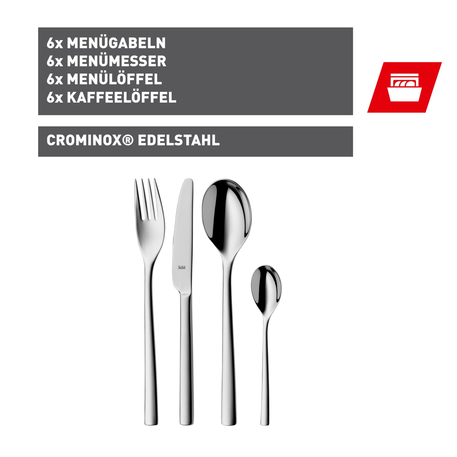 Silit Trend Besteck Set 6 Personen, 24-teilig, Monobloc-Messer, Crominox Edelstahl poliert, rostfrei, kratzbeständig, langlebig, spülmaschinengeeignet