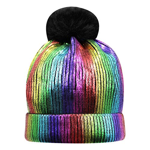 Women Girls Metallic Winter Hat Soft Warm Knitted Beanie Pom Pom Skull Cap (Colorful) #TOP1