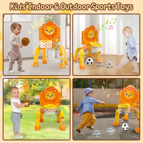 2 in 1 Basketball Hoop and Soccer Goal Set, Toddler Sports Toy for Indoor Outdoor Play, Perfect Christmas Birthday Gift for Baby Boys and Girls 1 2 3 Year Old,Lion Theme - Image 6