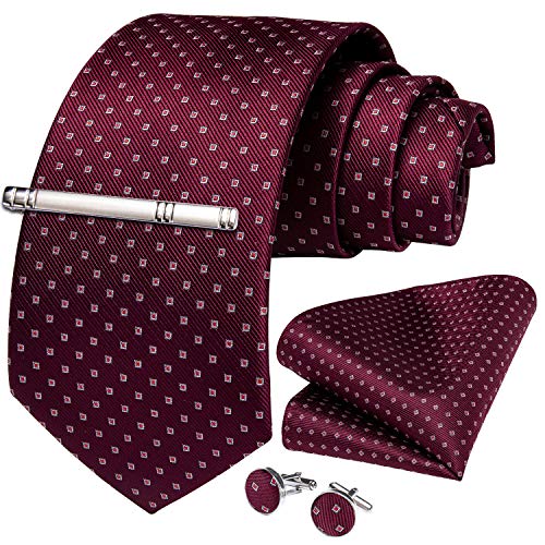 Image of DiBanGu Plaid Ties for Men Silk Checkered Necktie and Pocket Square Cufflinks Tie Clip Set with Gift Box for Wedding Business