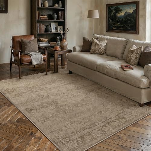 PureCozy Brown Area Rug 5x7 Washable Vintage Living Room Office Carpet Non Slip Soft Low Pile Distressed Medallion Indoor Floor Retro Throw Rug for Kitchen Bedroom Dining Room 5' x 7' (Recta