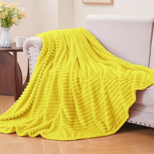 Image of BEDELITE Fleece Throw Blanket for Couch - 3D Ribbed Jacquard Soft and Warm Decorative Fuzzy Blanket - Cozy, Fluffy, Plush Lightweight Yellow Throw Blankets for Bed, Sofa, 50x60 inches