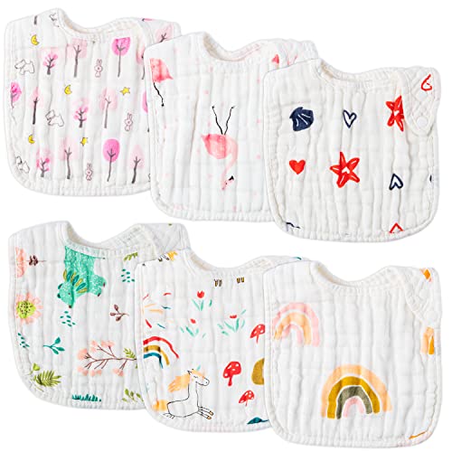 Image of Zainpe 6Pcs Snap Muslin Cotton Bibs for Baby Rainbow Unicorn Flamingo Machine Washable Burp Cloths with 6 Absorbent Soft Layers for Girl&Boy Infant Newborn Toddler Feeding Drooling Teething