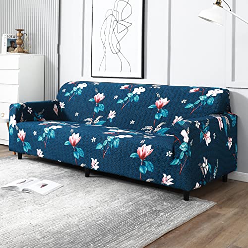 Image of HOKIPO 95% Polyester, 5% Spandex Elastic Stretchable Universal Sofa Cover 4 Seater, Blue Mixed Flowers (AR-4096-D2)