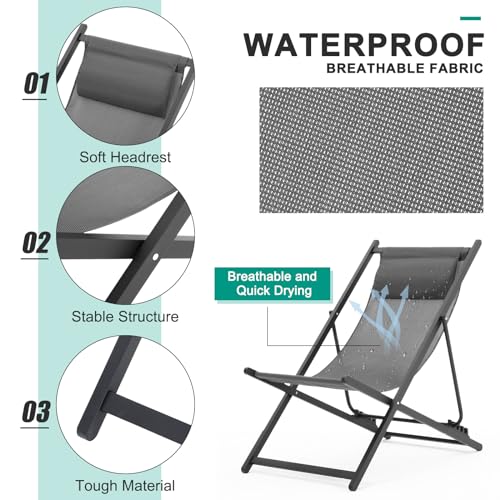 Menkxi 2 Pcs Patio Sling Chairs Outdoor Folding Poolside Chair with Pillow Adjustable 5 Levels Reclining Chairs Portable Beach Chairs Waterproof Breathable Mesh Aluminum Frame for Deck (Grey) - Thumbnail 3