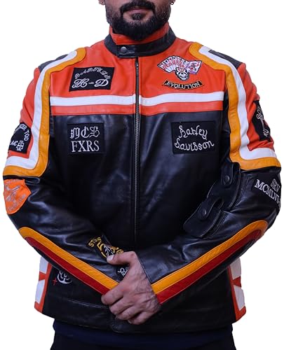 Men's Classic The Marlboro Man Black and Orange Genuine Leather Biker Motorcycle Rider Jacket (US, Alpha, 3X-Large, Regular, Regular, Black & Orange)