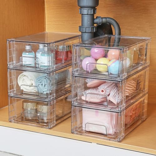 Vtopmart Stapelbare Schubladen-Organizer aus transparentem Acryl mit Griffen, einfache Montage von Behältern für Kühlschrank, Bad, Küchenunterschrank, Schrank, Speisekammer, Organisation und